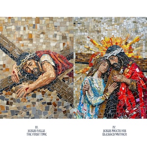 Puede incluir: Una obra de arte de mosaico que representa dos escenas de las Estaciones del V&iacute;a Crucis. La primera escena muestra a Jes&uacute;s cayendo bajo el peso de la cruz. La segunda escena muestra a Jes&uacute;s reuni&eacute;ndose con su madre Mar&iacute;a. Ambas escenas est&aacute;n enmarcadas con texto que describe el evento.