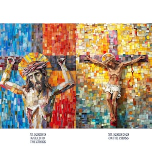 Puede incluir: Una obra de arte en mosaico que representa la crucifixi&oacute;n de Jesucristo. El lado izquierdo muestra a Jes&uacute;s siendo clavado en la cruz, mientras que el lado derecho muestra a Jes&uacute;s colgado de la cruz. El texto "XI. Jes&uacute;s es clavado en la cruz" y "XII. Jes&uacute;s muere en la cruz" est&aacute; incluido en la imagen.