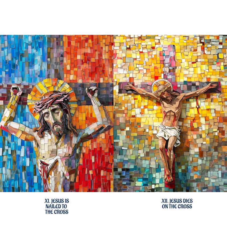 Puede incluir: Una obra de arte en mosaico que representa la crucifixi&oacute;n de Jesucristo. El lado izquierdo muestra a Jes&uacute;s siendo clavado en la cruz, mientras que el lado derecho muestra a Jes&uacute;s colgado de la cruz. El texto "XI. Jes&uacute;s es clavado en la cruz" y "XII. Jes&uacute;s muere en la cruz" est&aacute; incluido en la imagen.