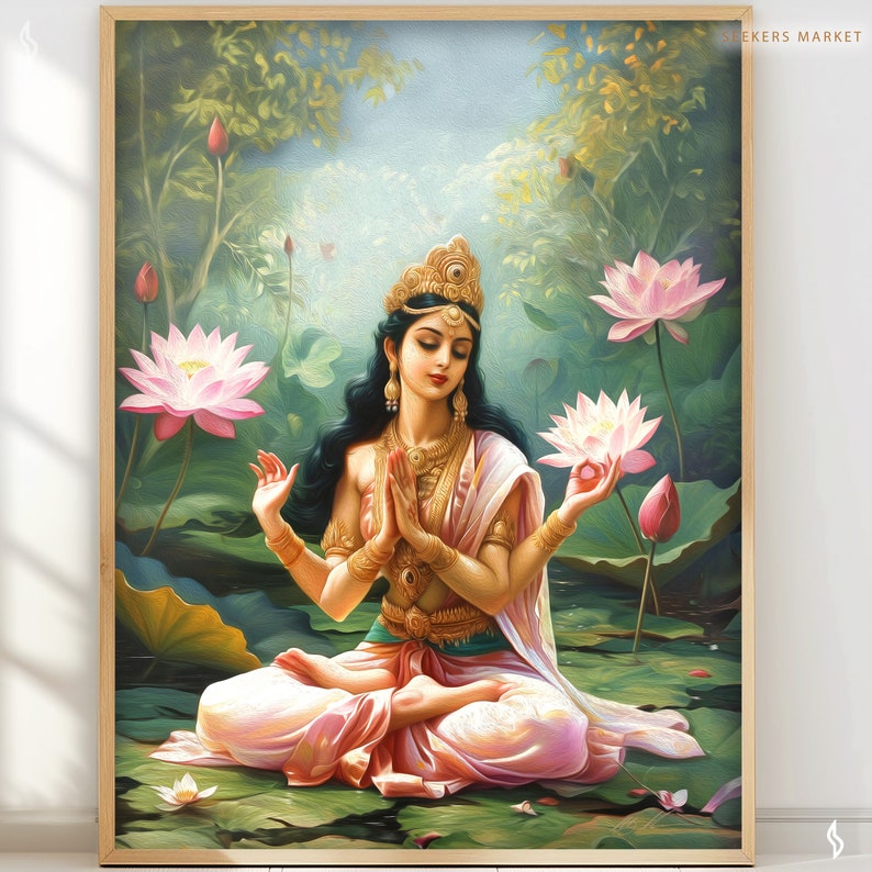 Puede incluir: Una pintura de una mujer meditando en posici&oacute;n de loto rodeada de flores de loto rosas y hojas verdes. Lleva un sari rosa y dorado y una corona de oro.