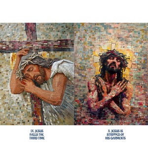 Puede incluir: Una obra de arte de mosaico que representa dos escenas del V&iacute;a Crucis. La primera escena muestra a Jes&uacute;s cayendo por tercera vez mientras lleva la cruz. La segunda escena muestra a Jes&uacute;s siendo despojado de sus vestiduras. El texto "IX. Jes&uacute;s cae por tercera vez" est&aacute; debajo de la primera escena y "X. Jes&uacute;s es despojado de sus vestiduras" est&aacute; debajo de la segunda escena.