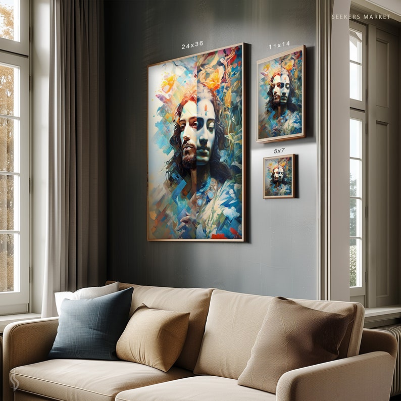 a living room with a couch and paintings on the wall