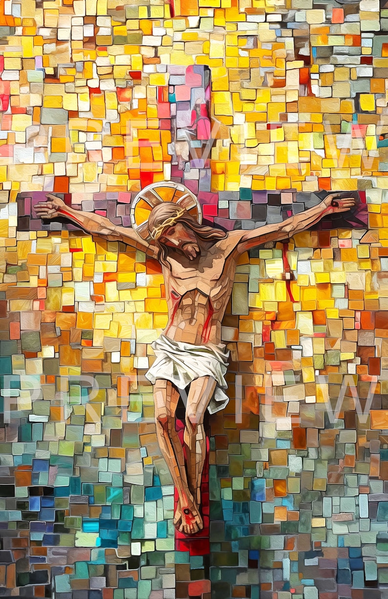 May include: A mosaic-style depiction of the crucifixion of Jesus Christ. The artwork features a figure on a cross, with a crown of thorns and a white loincloth. The background is a colorful mosaic of squares.