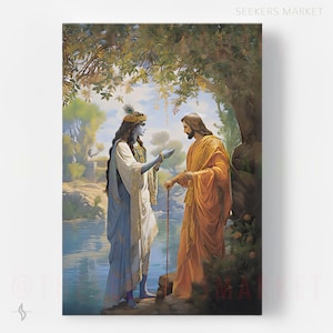 May include: A painting depicting two figures, one in blue and one in orange, standing by a river. The figure in blue is wearing a crown and holding a staff. The figure in orange is holding a staff and looking at the figure in blue. The background is a lush green forest.