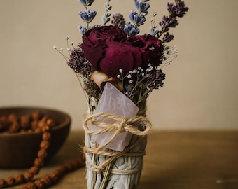 Floral White Sage Smudge Bundle, Rose, Lavender, Gemstone Crystal