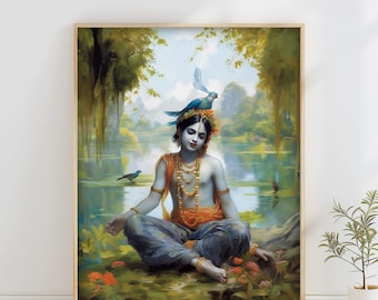 Krishna Malerei Kunstdruck Hindu-Gott, indische Wandkunst Digital Download