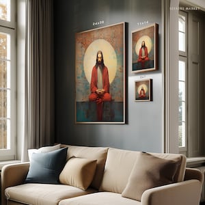 a living room with a couch and paintings on the wall