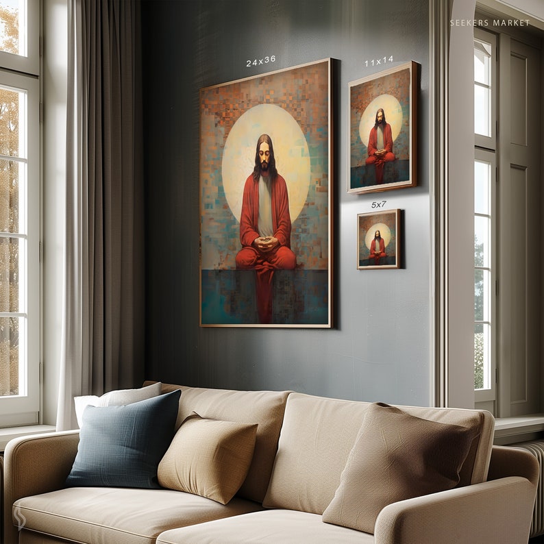 a living room with a couch and paintings on the wall
