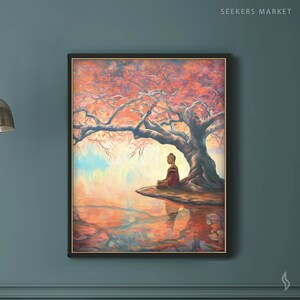 May include: A painting depicting a meditating Buddha figure seated beneath a large, pink-hued tree, with a reflection of the scene in the water below.