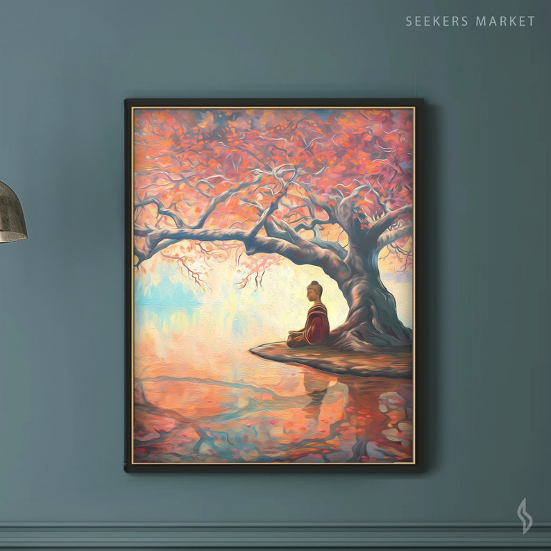 May include: A painting depicting a meditating Buddha figure seated beneath a large, pink-hued tree, with a reflection of the scene in the water below.