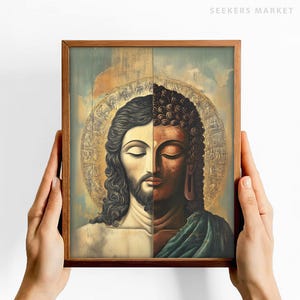 May include: A framed art print featuring a split image of Jesus and Buddha. The artwork has a wooden frame and depicts the two figures with serene expressions. The background is a blend of colors, with a golden halo around each figure.