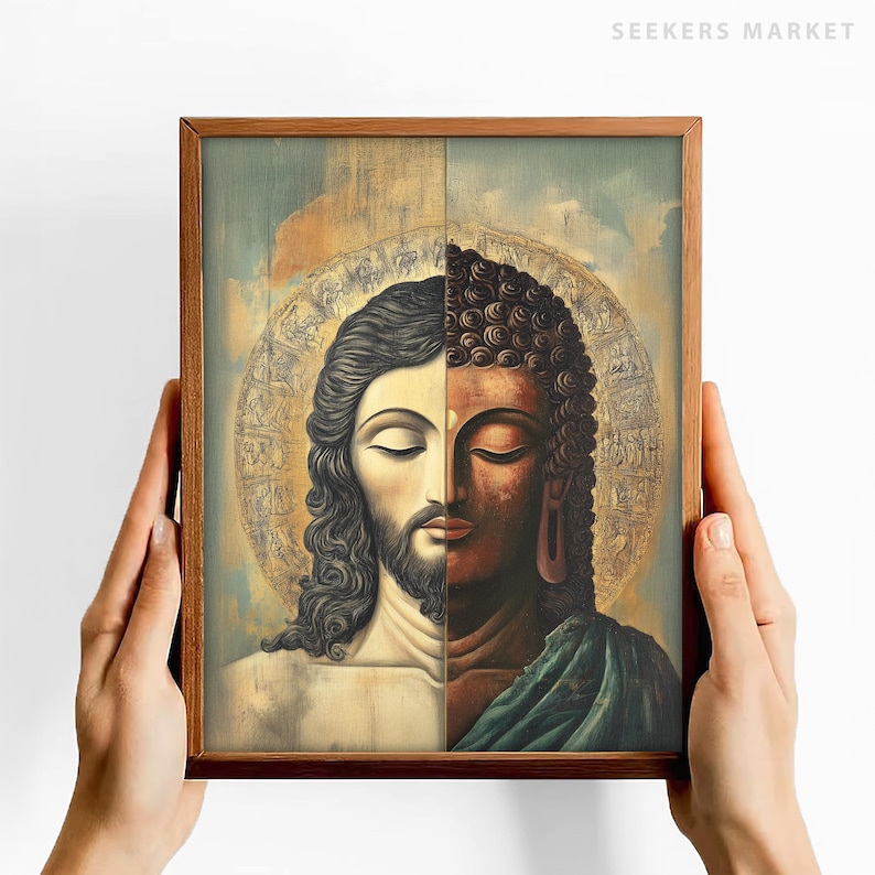 May include: A framed art print featuring a split image of Jesus and Buddha. The artwork has a wooden frame and depicts the two figures with serene expressions. The background is a blend of colors, with a golden halo around each figure.