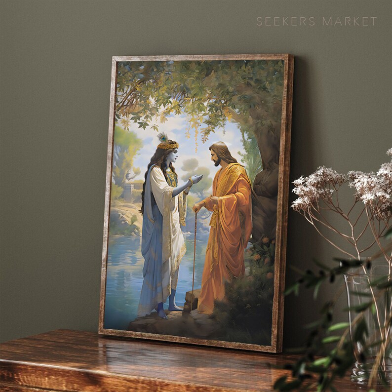 May include: A painting of two figures, one in blue robes and the other in orange robes, standing in a forest setting. The figure in blue robes holds a staff and the figure in orange robes holds a hand out towards the other figure.