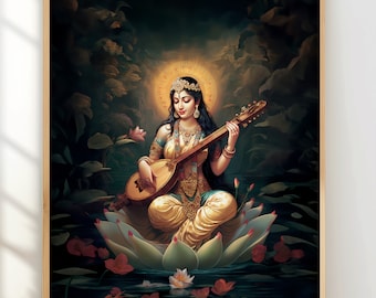 Printable art Hindu art Saraswati Indian wall art Goddess Saraswati painting Hindu diety prayer home decor devotion RHSS1 Digital Download