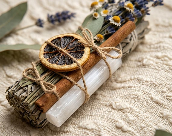 Floral Sage Bundle with Selenite Wand Aromatherapy Smudge Kit for Meditation