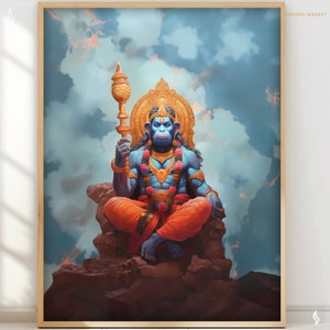 Hanuman Hindu art Spiritual gift for Indian wall decor meditation theme home decor yoga art Lord Hanuman Chalisa art print Hindu RHH1 Poster