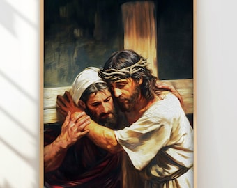 Simon Helps Jesus Carry Cross Art, Catholic Christian Print (Digital Download)