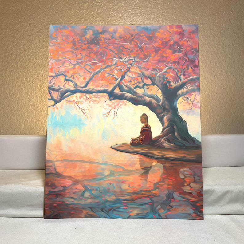 May include: A painting depicting a meditating Buddha figure seated beneath a large, pink-hued tree, with a reflection of the scene in the water below.