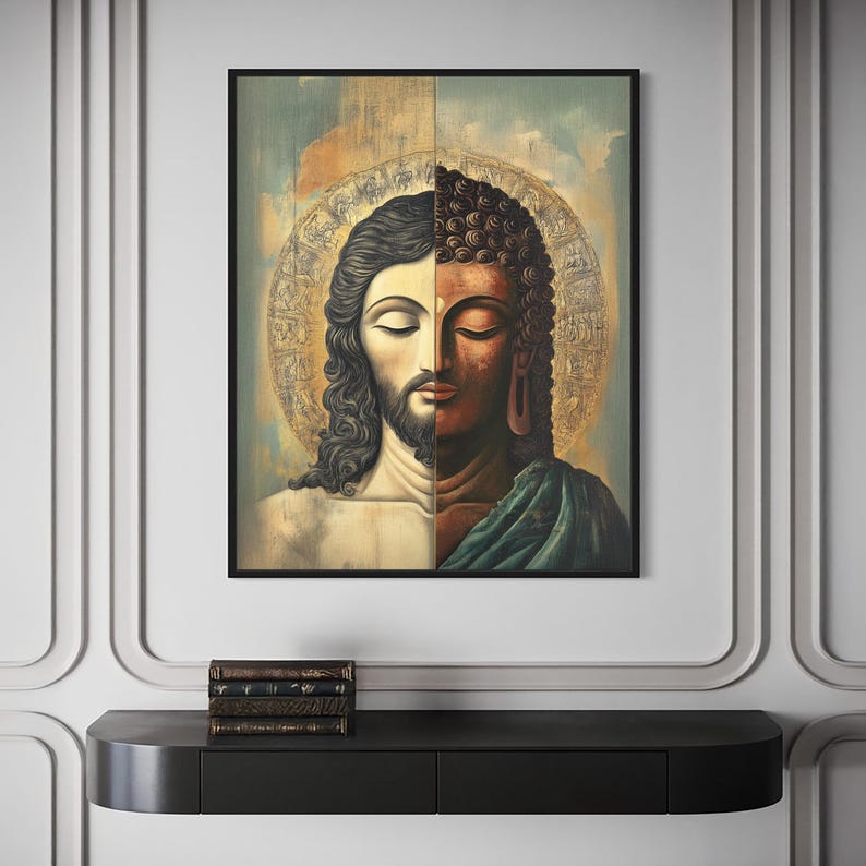 May include: A framed artwork depicting a split image of Jesus and Buddha, each half with closed eyes and serene expressions. The artwork features a golden halo and a teal and gold background. The artwork is displayed above a black console.