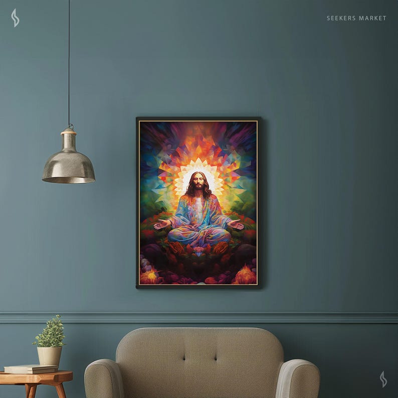 a painting of jesus sitting in a lotus position