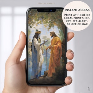 May include: A digital illustration of two men standing next to each other. The man on the left is wearing a blue robe and a crown of feathers. The man on the right is wearing a long orange robe. The background is a forest scene with a river in the foreground. The text "INSTANT ACCESS PRINT AT HOME OR LOCAL PRINT SHOP, CVS, WALMART, OR OFFICE MAX" is displayed at the top of the image.