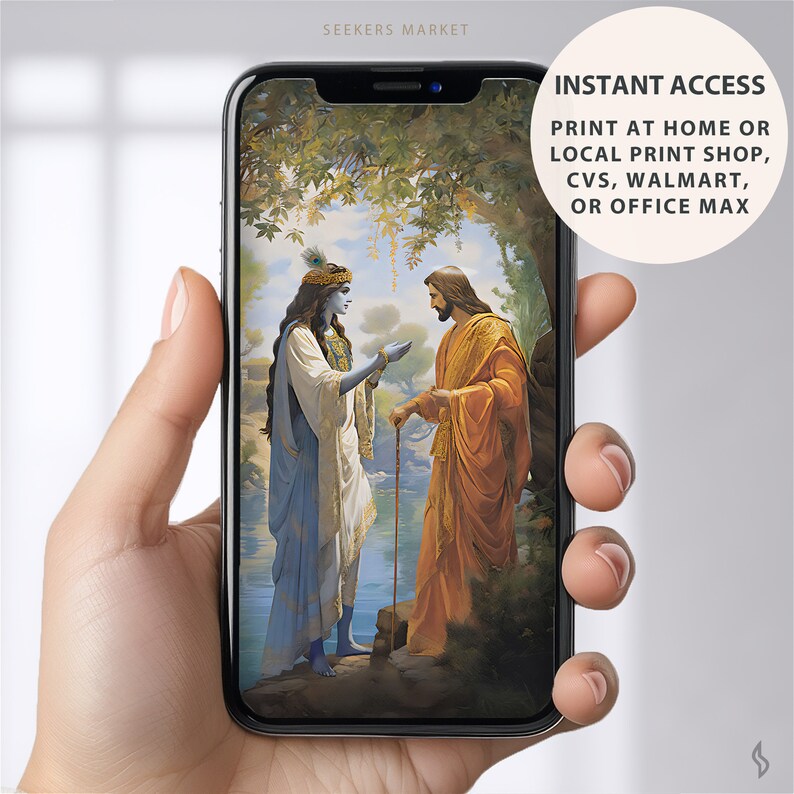 May include: A digital illustration of two men standing next to each other. The man on the left is wearing a blue robe and a crown of feathers. The man on the right is wearing a long orange robe. The background is a forest scene with a river in the foreground. The text "INSTANT ACCESS PRINT AT HOME OR LOCAL PRINT SHOP, CVS, WALMART, OR OFFICE MAX" is displayed at the top of the image.