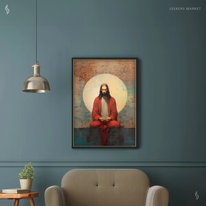 a living room with a couch and a painting on the wall