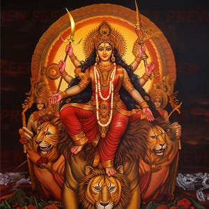 May include: A painting of a Hindu goddess, Durga, depicted with multiple arms, riding a lion. She is adorned with jewellery and a red and gold sari. The background is a golden halo with a dark background.