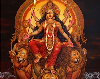 May include: A painting of a Hindu goddess, Durga, depicted with multiple arms, riding a lion. She is adorned with jewelry and a red and gold sari. The background is a golden halo with a dark background.