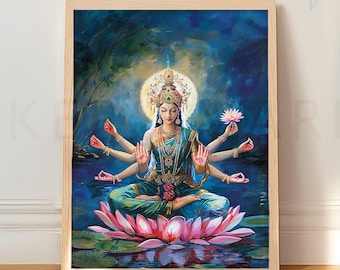 Puede incluir: Una pintura de una diosa hindú con múltiples brazos sentada en una flor de loto rosa. Lleva un sari verde y dorado y una corona de flores. El fondo es un cielo azul y morado con una luna.