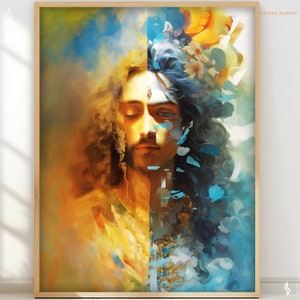 May include: A digital painting of a man with long, flowing hair. The left side of his face is painted in warm, golden tones, while the right side is painted in cool, blue tones. The painting is abstract and evokes a sense of duality.