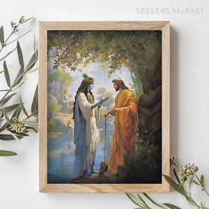May include: A painting depicting a blue-skinned figure with a crown of flowers and a golden staff, standing next to a man in a long orange robe and a staff. The figures are standing in a forest setting with a river in the background.