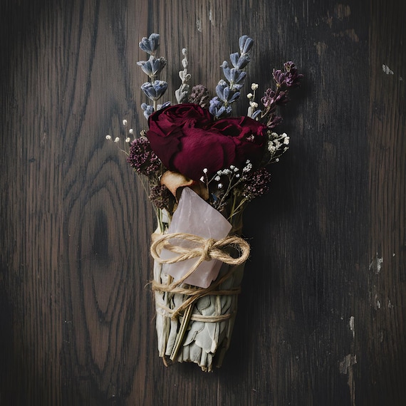 Dried Floral Sage Smudge Bundle - Lavender Rose Gemstone Crystal, Energy Cleansing Ritual Decor