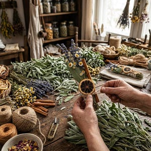 May include: A workshop scene featuring dried herbs, flowers, and spices. A person is crafting a bundle of sage, lavender, and dried orange slices. The table is laden with natural materials, including twine, cinnamon sticks, and bowls of petals.