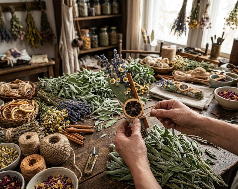 May include: A workshop scene featuring dried herbs, flowers, and spices. A person is crafting a bundle of sage, lavender, and dried orange slices. The table is laden with natural materials, including twine, cinnamon sticks, and bowls of petals.