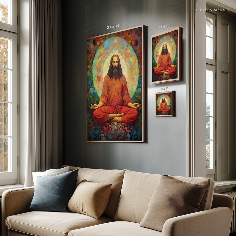 a living room with a couch and paintings on the wall