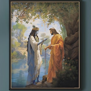 May include: A painting depicting a meeting between two spiritual figures. A blue-skinned figure with a headdress and a white robe stands on the left, while a figure with a long beard and a yellow robe stands on the right. The figures are standing on a riverbank with a tree in the background.