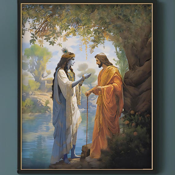 Jesus and Krishna Art Print | Divine Meeting, Spiritual Harmony (Digital Download)