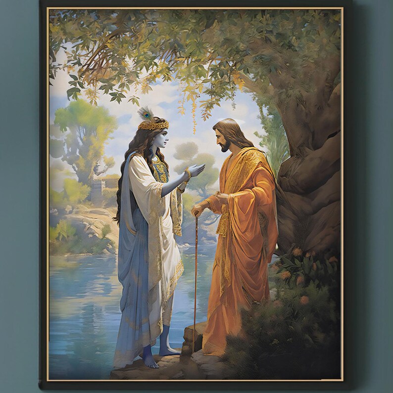 May include: A painting depicting a meeting between two spiritual figures. A blue-skinned figure with a headdress and a white robe stands on the left, while a figure with a long beard and a yellow robe stands on the right. The figures are standing on a riverbank with a tree in the background.