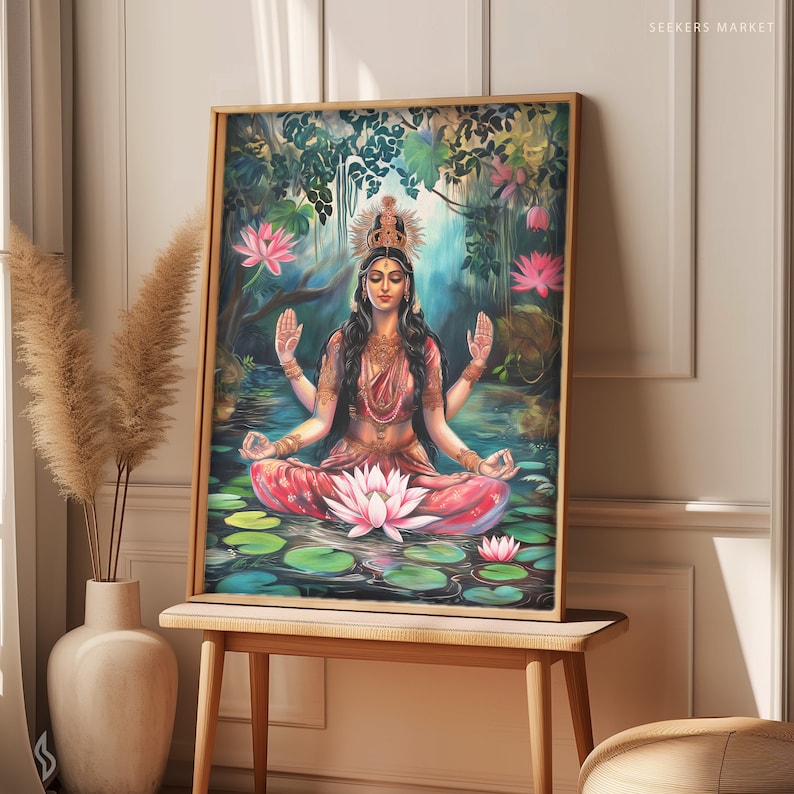 May include: A painting of a Hindu goddess sitting in a lotus position on a bed of lotus flowers. She has four arms and is wearing a red and gold sari. The background is a lush green forest.