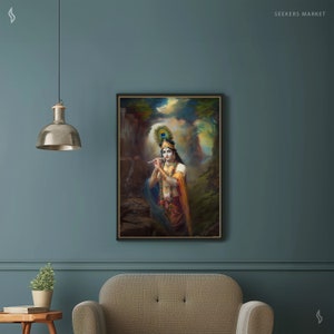 a living room with a couch and a painting on the wall
