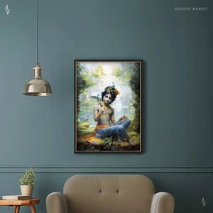 a living room with a couch and a painting on the wall