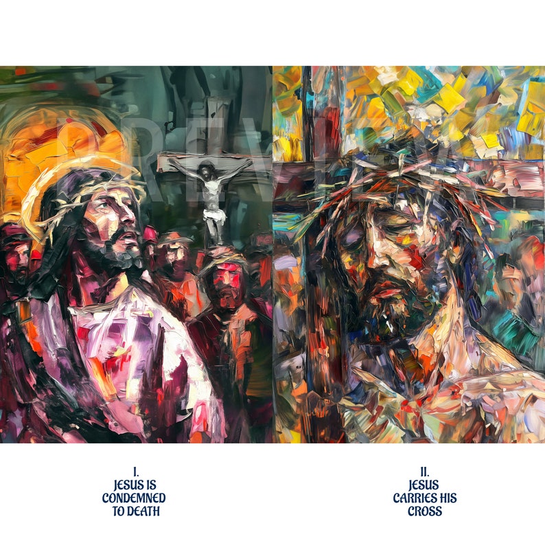 Puede incluir: Una pintura que representa dos escenas de la Pasi&oacute;n de Cristo. En la primera escena, Jes&uacute;s es condenado a muerte por una multitud. En la segunda escena, Jes&uacute;s lleva su cruz. Ambas escenas est&aacute;n pintadas en un estilo vibrante y expresivo con colores y pinceladas audaces.
