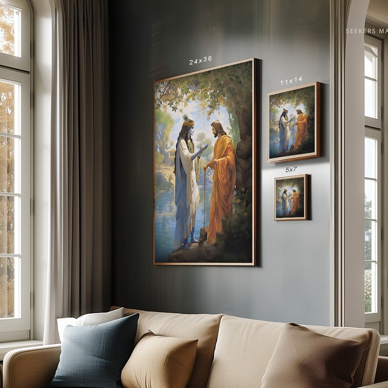 May include: A painting of two figures standing by a river. The figure on the left is wearing a blue robe and the figure on the right is wearing an orange robe. The painting is set in a forest with trees and foliage in the background.