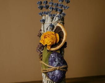 Botanical Smudge Bundle, Lavender, Rose, Citrus, Amethyst Crystal