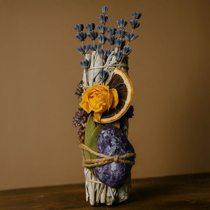 May include: A sage smudge stick bundle featuring dried lavender, a yellow rose, a slice of dried orange, and a purple crystal. The bundle is tied with twine and white string, creating a natural and earthy aesthetic. The sage is a pale green color.