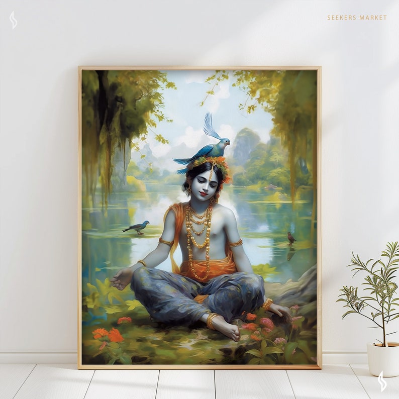 Printable art Krishna painting young Lord Krishna sitting by the water hindu gift indian wall art Digital Download image 8