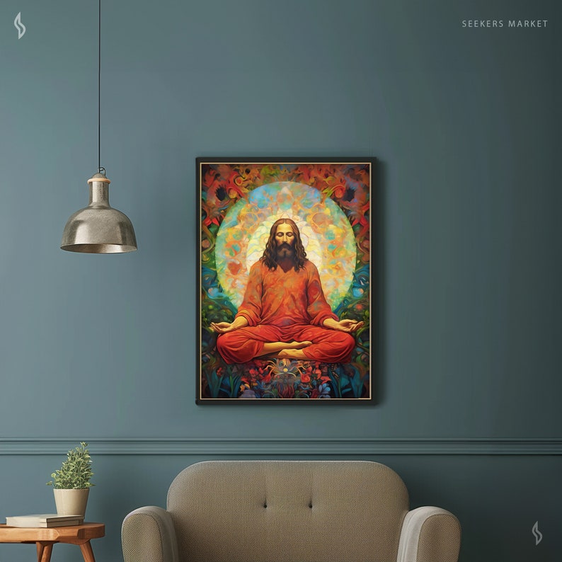 a living room with a couch and a painting on the wall
