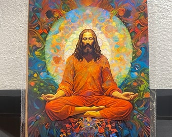 Meditierender Jesus Meditation Kunstdruck psychedelischer Jesus Malerei Spiritualität Wandkunst Trippy Yoga Jesus psychedelischer christlicher CCJ18 Poster