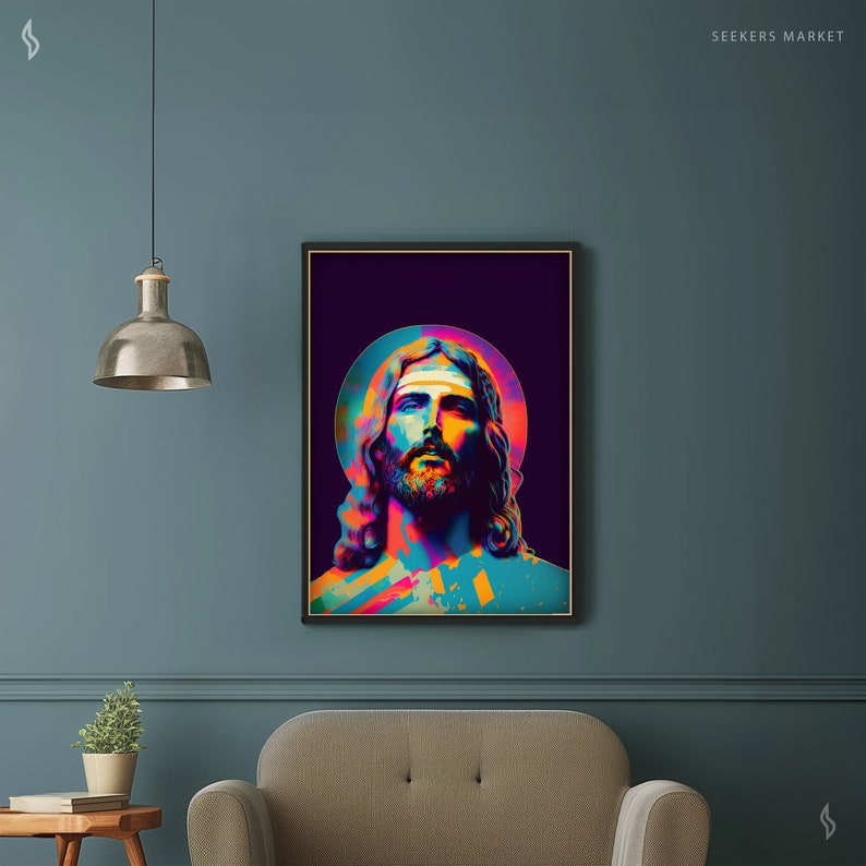 a living room with a couch and a painting on the wall